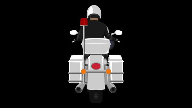 White classic police patrol heavy motorcycle with clear front windshield riding by police officer wearing white helmet and blinking red police lights back view looped animation