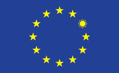 Vector illustration of the blue EU flag with a Covid-19 virus cell. Banner on the theme of coronavirus infection and the epidemic in countries of the European Union. A global pandemic