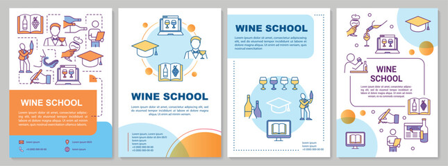 Wine school brochure template. Online course on alcohol. Flyer, booklet, leaflet print, cover design with linear icons. Vector layouts for magazines, annual reports, advertising posters