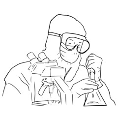 illustration of a worker with virus, bacteria, vaccine in the laboratory