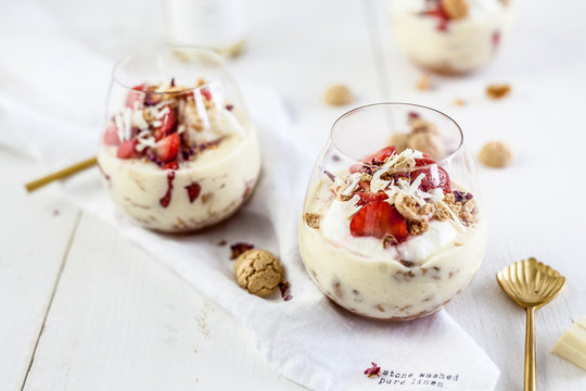 White chocolate trifle with strawberries