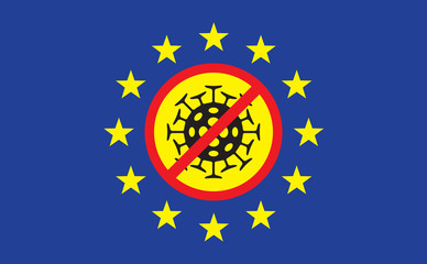 Vector illustration of the EU flag with a Covid-19 virus cell and prohibit sign. Banner on the topic of coronavirus infection and the epidemic in Great Britain. Stop pandemic concept poster