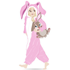 A girl in a kigurumi hare costume. Carries a plush hare. Vector art