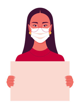 Asian young woman wears medical mask holds in her hands a poster without text on a white background. Coronavirus. Human rights. A student is protesting. Vector illustration in flat style
