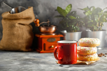 fresh hot coffee on board and wall background 