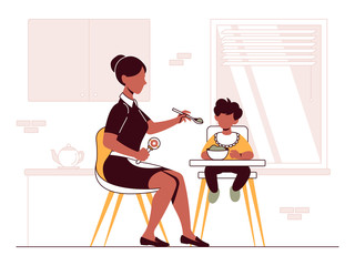 Vector illustration of a babysitter who takes care of a baby