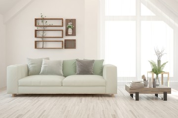 Fototapeta premium White living room with sofa. Scandinavian interior design. 3D illustration