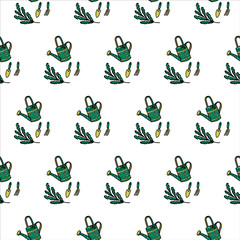 Garden leaf hand drawn colorful seamless pattern. Juicy green leaves, flowers, twigs, leaves, sketch drawing. Scandinavian style background with leaves and shoulder blades. Garden, flower pots, botany