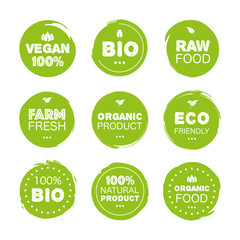 Fresh healthy organic vegan food set logo labels and tags the different design and green color. Vector hand drawn