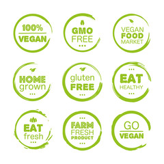 Fresh healthy organic vegan food set linear grunge logo labels and tags the different design and green color. Vector hand drawn