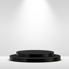 Stage Podium Scene for Award Ceremony illuminated with spotlight. Award ceremony concept. Stage backdrop.