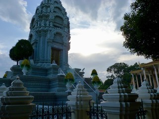 White stone mausoleum in Royal Palace in Phnom Penh during evening, Cambodia