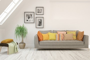 White living room with sofa. Scandinavian interior design. 3D illustration