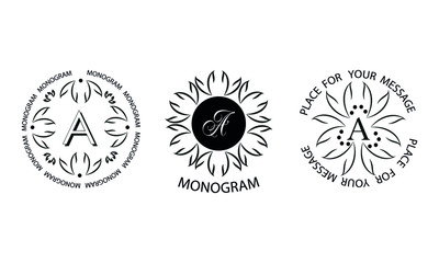 Set of elegant floral monograms with letter A. Exquisite, ornamental calligraphic logo for business sign, restaurant, royalty, boutique, cafe, hotel.