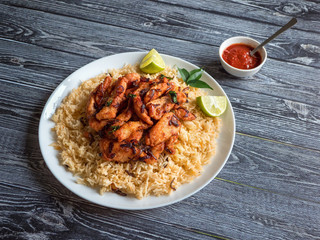 Spicy Chicken fry with basmati rice. South India dish