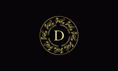 Naklejka premium Round floral monogram with letter D on dark background. Elegant, ornamental calligraphic logo for business sign, restaurant, royalty, boutique, cafe, hotel.