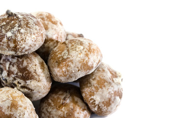 tasty cookies in white icing isolated on white background. A lot of cookies. Copy space.