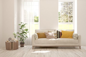 White living room with sofa. Scandinavian interior design. 3D illustration