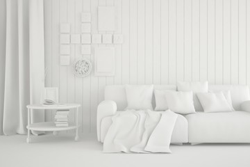 White minimalist living room with sofa. Scandinavian interior design. 3D illustration