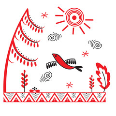 Folk art style.Bird flies in the forest