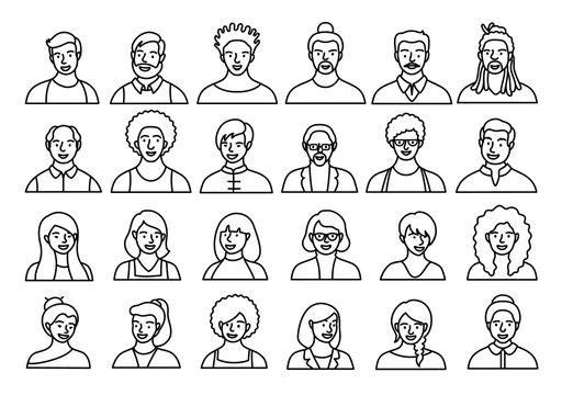 Contour set of persons, avatars, people heads of different ethnicity and age in flat style. Multi nationality social networks line people faces collection.