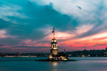 Maiden's Tower with sunset sky in Istanbul, Turkey (KIZ KULESI - USKUDAR).