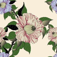 Vector seamless pattern. Camellia - branches with flowers and leaves. Exotic flower on a light background. Use printed materials, signs, objects, sites, maps.