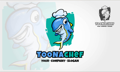 Toonachef Vector Logo Illustration. Illustration of a fish chef in cartoon style. Cartoon happy fish characters.
