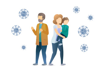 Family in without protective masks attacked by coronavirus bacteria. Mother, father and son in danger situation. Epidemic MERS-CoV virus 2019-nCoV. Vector flat illustration concept on white background
