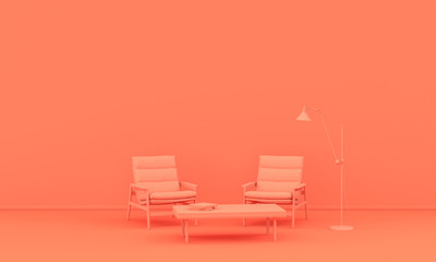 Interior room in plain monochrome pinkish orange color with furnitures and room accessories. Light background with copy space. 3D rendering