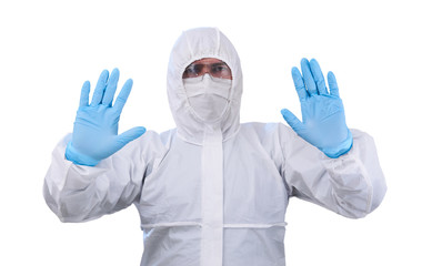man epidemiologist in coverall disposable anti-epidemic antibacterial isolation suit shows a...