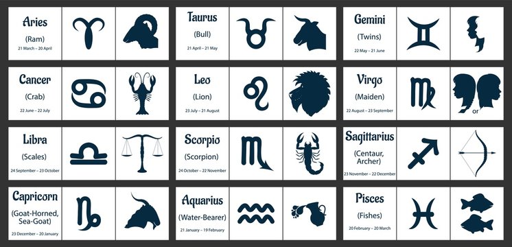Astrological icons, symbols and zodiac signs, black on a white background.