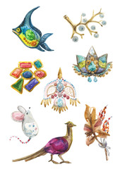 Set of watercolor brooches, set of jewelry and bijouterie, isolated on white background.