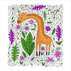 Giraffe flat hand drawn illustration. Cute cartoon animal character on a botanical background. Leaves, twigs, flowers in the Scandinavian style. Wild african rainforest, jungle animal vector poster