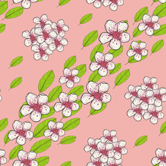 Floral pattern in pastel colors. Blooming fruit flowers with leaves on a pink background. Seamless vector graphics. Fabric, wrapping swatch. Endless illustration. 