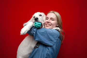 young beautiful girl plays with a golden retriever puppy on a red background, a dog grizzles a toy ball, the hostess hugs a pet
