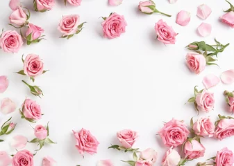 Stoff pro Meter Rose flowers on white background with copy space for design, text. Top view of pink roses and rose buds. © Tatyana Sidyukova