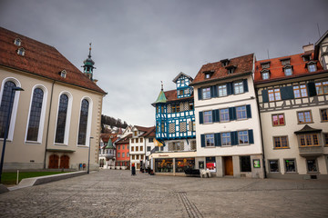 Fototapeta na wymiar Old historical buildings on main square in St Gallen, town in Switzerland