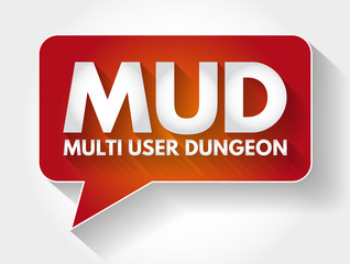 MUD - Multi User Dungeon acronym message bubble, technology concept background