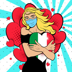 Pop art woman in mask with hearts and italian flag. Background in comic style retro pop art. Illustration for print advertising and web. Face close-up.