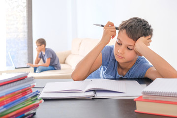 Kids doing school homework at home. Online learning, distance learning, homeschooling during quarantine, stay at home concept