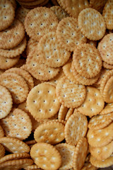 A lot of cookies with salt. Background from round crackers. Food yellow snack texture. Top view