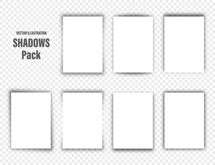 Vector shadows set. Page dividers on transparent background. Realistic isolated shadow and white blank paper in A4 format. Vector illustration.