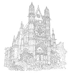 City sketching of gothic cathedral. France, Vernon. Line art silhouette isolated on white. Tourism concept. Sketch style vector