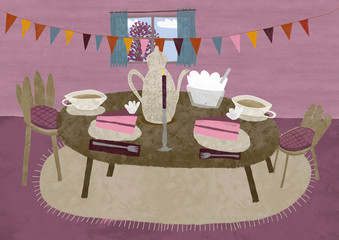 A set table with cake in a room with a pennant chain