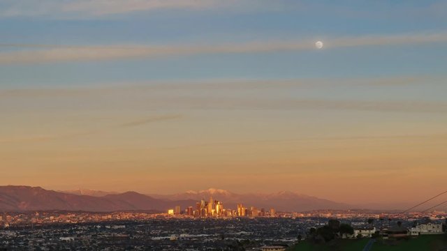 Sunset high angle time lapse of the beautiful Los Angeles skyline with Mt. Baldy