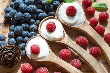 Greek yogurt in bowl with spoons,Healthy breakfast with Fresh greek yogurt, muesli and berries on background