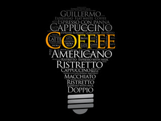 List of coffee drinks in shape of light bulb word cloud, concept background