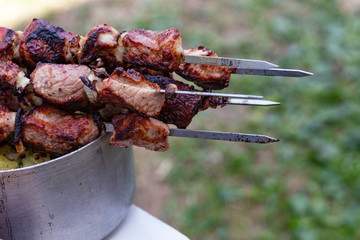 pieces of roasted juicy meat kebab cooked on fire on skewers