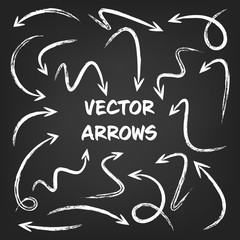 White grunge hand drawn arrows set on gray background. Arrow, cursor Icon. Vector pointers collection. 